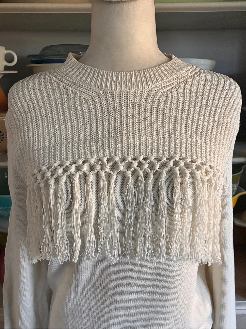 Pearl by Lela Rose Cream Fringe Macrame Knit Sweater - Size XS